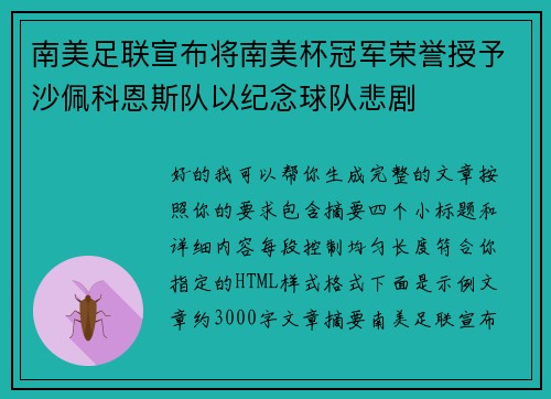 南美足联宣布将南美杯冠军荣誉授予沙佩科恩斯队以纪念球队悲剧